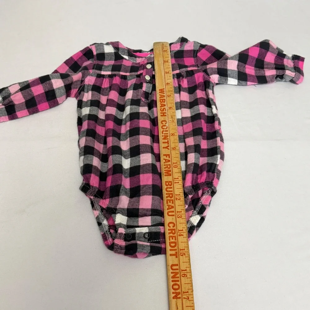 OshKosh Bgosh Baby Girl 6M Pink Black Buffalo Plaid Flannel Bodysuit Long Sleeve